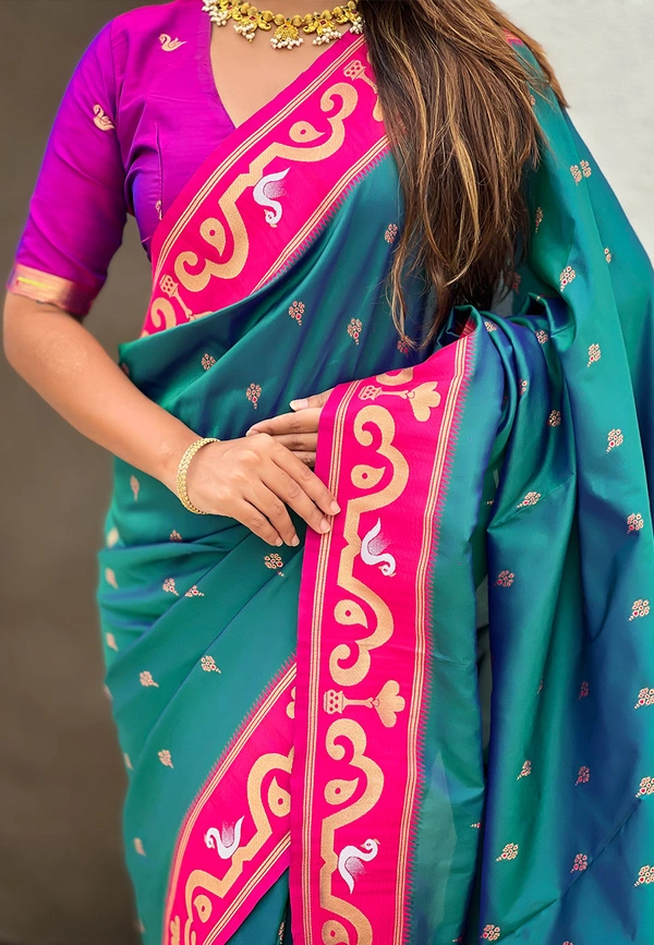 Rajhans Paithani Saree with Gold Zari Swan Motifs & Fancy Meenakari Pallu - FREE, G.PINK