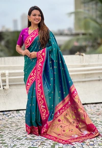 Rajhans Paithani Saree with Gold Zari Swan Motifs & Fancy Meenakari Pallu - FREE, G.PINK