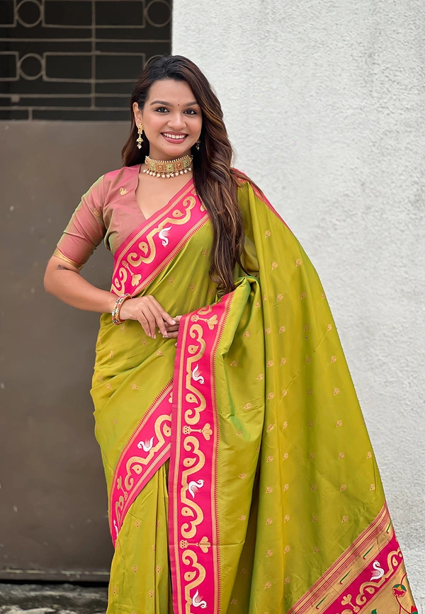 Rajhans Paithani Saree with Gold Zari Swan Motifs & Fancy Meenakari Pallu - FREE, MEHENDI