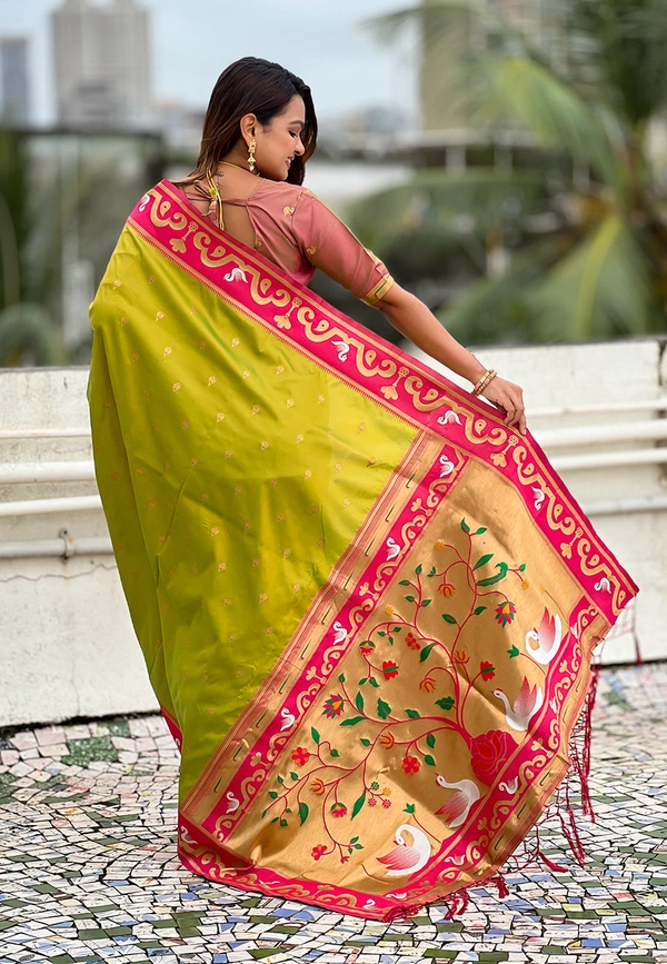 Rajhans Paithani Saree with Gold Zari Swan Motifs & Fancy Meenakari Pallu - FREE, MEHENDI
