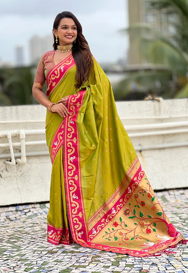 Rajhans Paithani Saree with Gold Zari Swan Motifs & Fancy Meenakari Pallu - FREE, MEHENDI