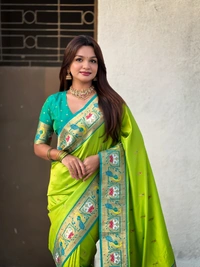 Rajhans Paithani Silk Saree with Gold Zari Meenakari Peacock & Swan Motifs - FREE, PISTA