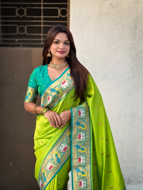 Rajhans Paithani Silk Saree with Gold Zari Meenakari Peacock & Swan Motifs - FREE, PISTA