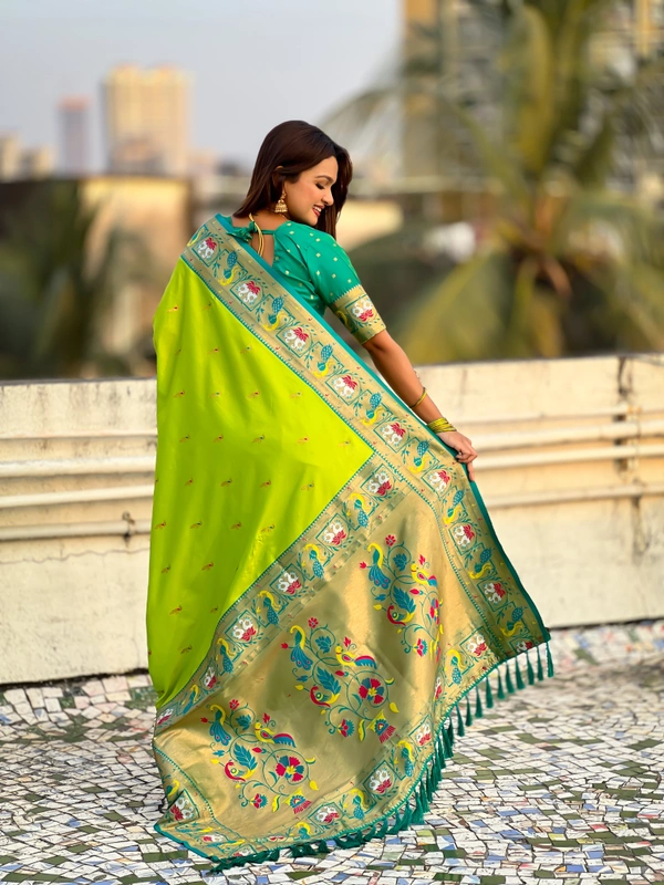 Rajhans Paithani Silk Saree with Gold Zari Meenakari Peacock & Swan Motifs - FREE, PISTA