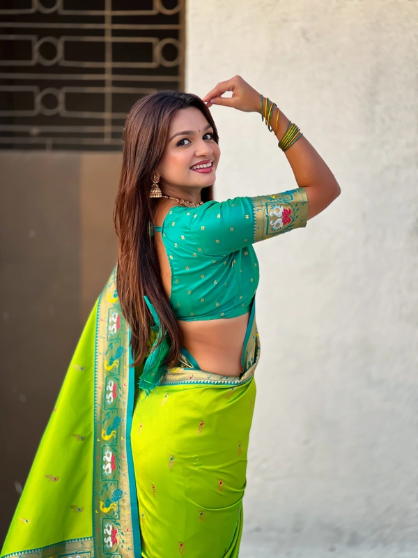 Rajhans Paithani Silk Saree with Gold Zari Meenakari Peacock & Swan Motifs - FREE, PISTA