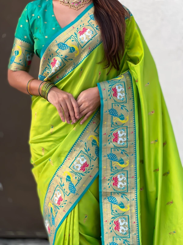 Rajhans Paithani Silk Saree with Gold Zari Meenakari Peacock & Swan Motifs - FREE, PISTA
