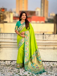 Rajhans Paithani Silk Saree with Gold Zari Meenakari Peacock & Swan Motifs - FREE, PISTA