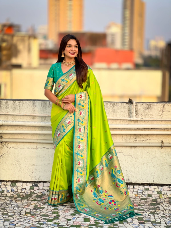 Rajhans Paithani Silk Saree with Gold Zari Meenakari Peacock & Swan Motifs - FREE, PISTA