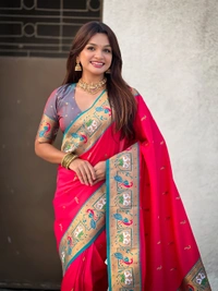 Rajhans Paithani Silk Saree with Gold Zari Meenakari Peacock & Swan Motifs - FREE, PINK
