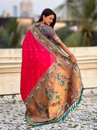 Rajhans Paithani Silk Saree with Gold Zari Meenakari Peacock & Swan Motifs - FREE, PINK