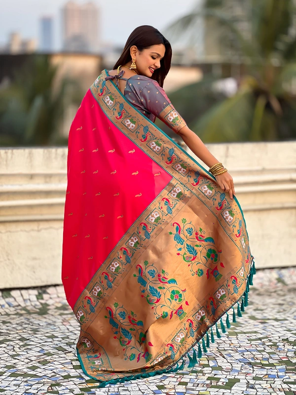Rajhans Paithani Silk Saree with Gold Zari Meenakari Peacock & Swan Motifs - FREE, PINK
