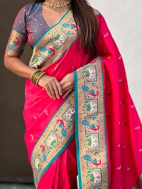 Rajhans Paithani Silk Saree with Gold Zari Meenakari Peacock & Swan Motifs - FREE, PINK