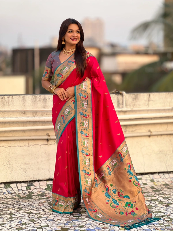 Rajhans Paithani Silk Saree with Gold Zari Meenakari Peacock & Swan Motifs - FREE, PINK