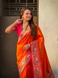 Rajhans Paithani Silk Saree with Gold Zari Meenakari Peacock & Swan Motifs - FREE, ORANGE