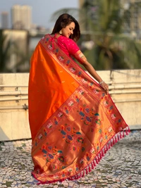 Rajhans Paithani Silk Saree with Gold Zari Meenakari Peacock & Swan Motifs - FREE, ORANGE