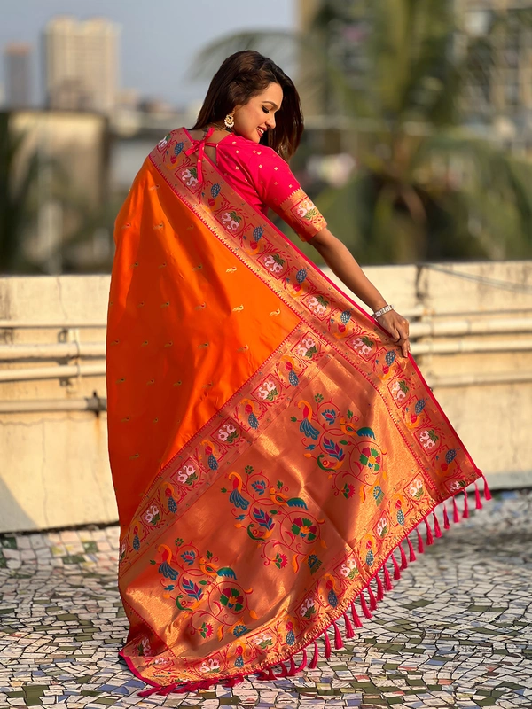 Rajhans Paithani Silk Saree with Gold Zari Meenakari Peacock & Swan Motifs - FREE, ORANGE