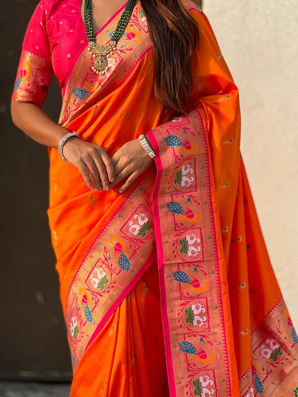 Rajhans Paithani Silk Saree with Gold Zari Meenakari Peacock & Swan Motifs - FREE, ORANGE