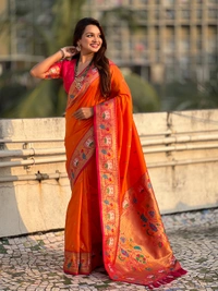 Rajhans Paithani Silk Saree with Gold Zari Meenakari Peacock & Swan Motifs - FREE, ORANGE