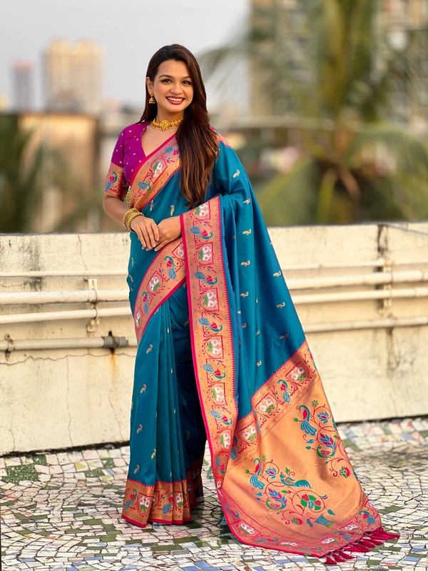 Rajhans Paithani Silk Saree with Gold Zari Meenakari Peacock & Swan Motifs