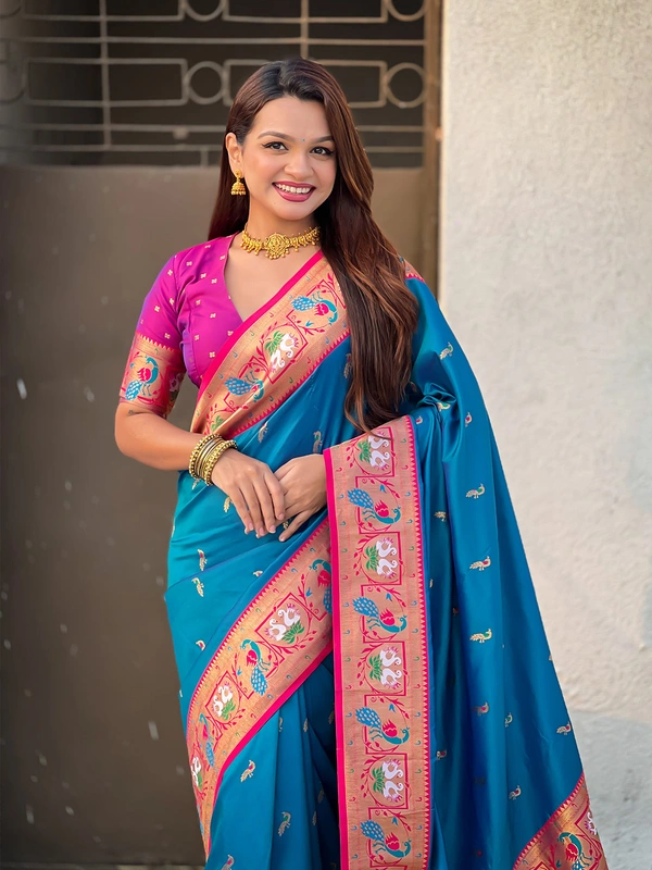Rajhans Paithani Silk Saree with Gold Zari Meenakari Peacock & Swan Motifs - FREE, RAMA
