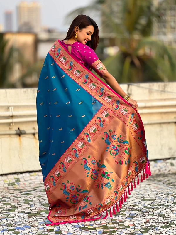Rajhans Paithani Silk Saree with Gold Zari Meenakari Peacock & Swan Motifs - FREE, RAMA