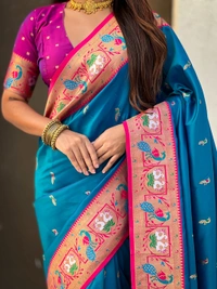 Rajhans Paithani Silk Saree with Gold Zari Meenakari Peacock & Swan Motifs - FREE, RAMA