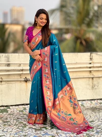 Rajhans Paithani Silk Saree with Gold Zari Meenakari Peacock & Swan Motifs - FREE, RAMA