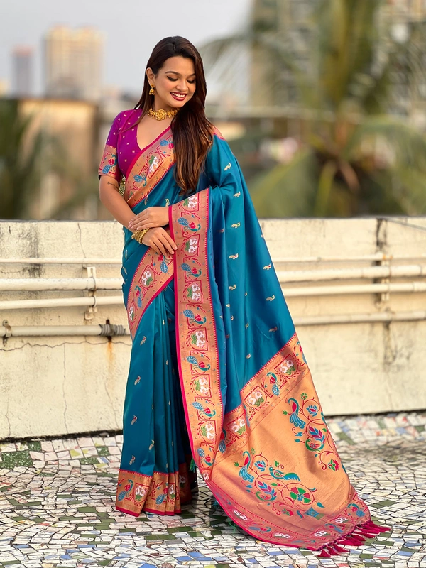 Rajhans Paithani Silk Saree with Gold Zari Meenakari Peacock & Swan Motifs - FREE, RAMA