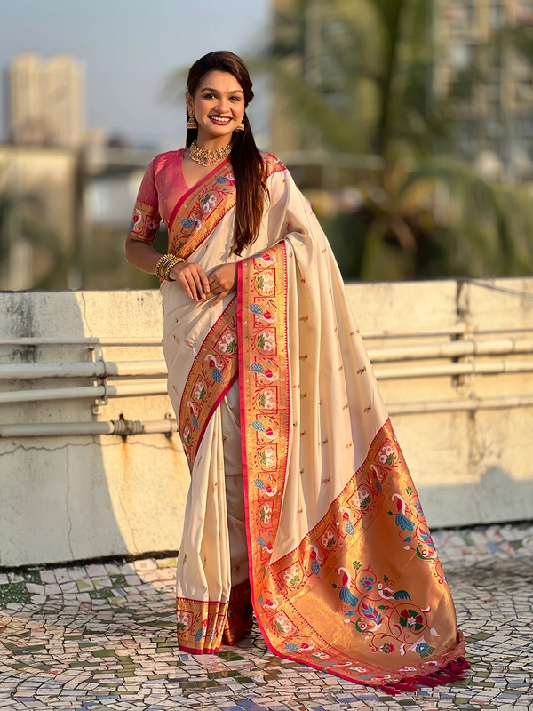 Rajhans Paithani Silk Saree with Gold Zari Meenakari Peacock & Swan Motifs