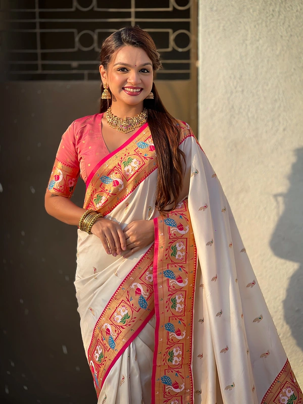 Rajhans Paithani Silk Saree with Gold Zari Meenakari Peacock & Swan Motifs - FREE, CREAM