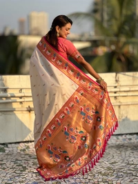 Rajhans Paithani Silk Saree with Gold Zari Meenakari Peacock & Swan Motifs - FREE, CREAM