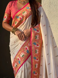 Rajhans Paithani Silk Saree with Gold Zari Meenakari Peacock & Swan Motifs - FREE, CREAM
