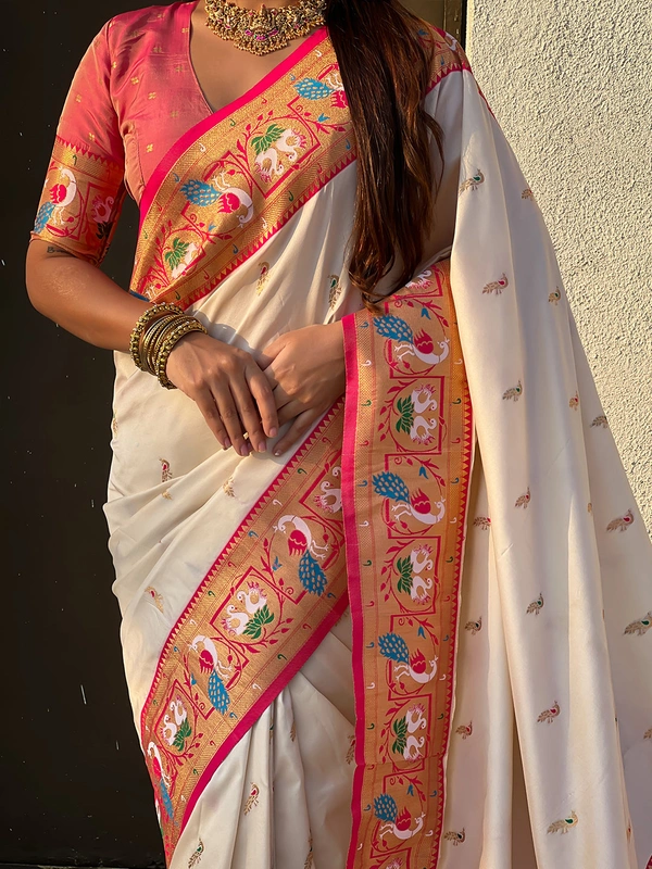 Rajhans Paithani Silk Saree with Gold Zari Meenakari Peacock & Swan Motifs - FREE, CREAM