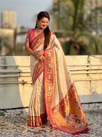 Rajhans Paithani Silk Saree with Gold Zari Meenakari Peacock & Swan Motifs - FREE, CREAM