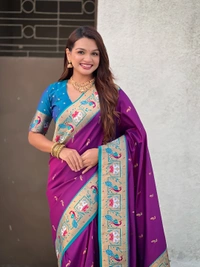 Rajhans Paithani Silk Saree with Gold Zari Meenakari Peacock & Swan Motifs - FREE, PURPLE