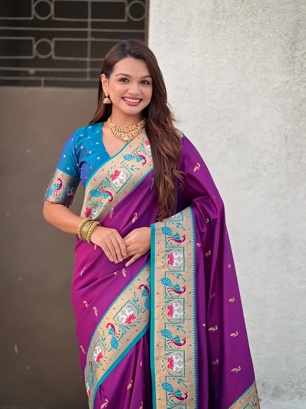 Rajhans Paithani Silk Saree with Gold Zari Meenakari Peacock & Swan Motifs - FREE, PURPLE