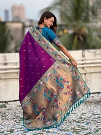 Rajhans Paithani Silk Saree with Gold Zari Meenakari Peacock & Swan Motifs - FREE, PURPLE