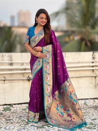 Rajhans Paithani Silk Saree with Gold Zari Meenakari Peacock & Swan Motifs - FREE, PURPLE