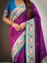 Rajhans Paithani Silk Saree with Gold Zari Meenakari Peacock & Swan Motifs - FREE, PURPLE