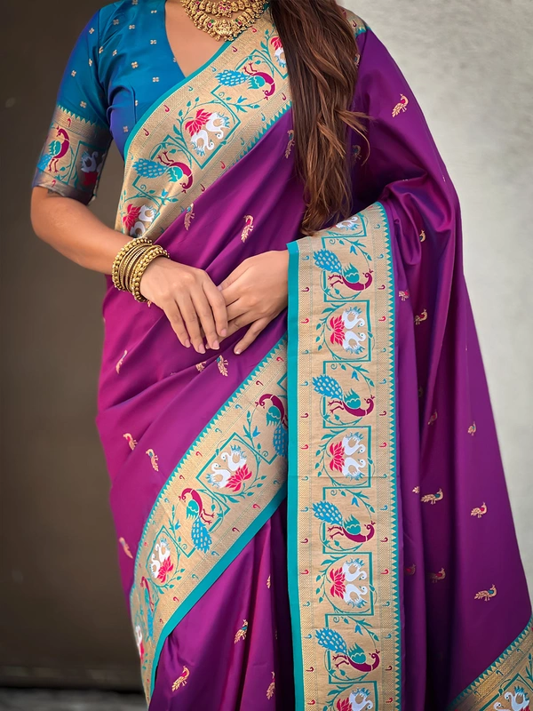 Rajhans Paithani Silk Saree with Gold Zari Meenakari Peacock & Swan Motifs - FREE, PURPLE