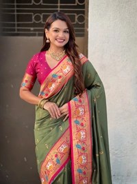 Rajhans Paithani Silk Saree with Gold Zari Meenakari Peacock & Swan Motifs - FREE, MEHENDI