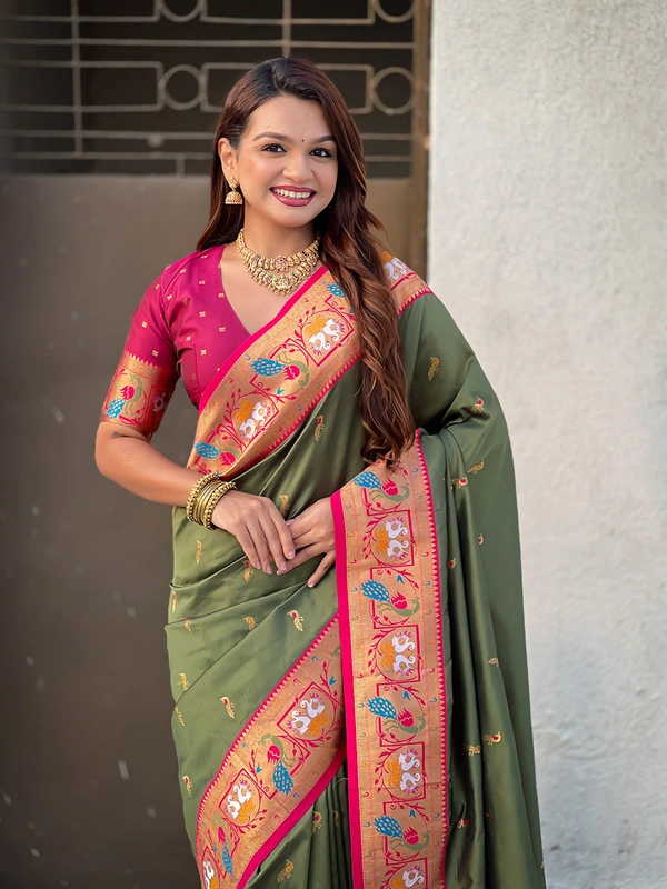 Rajhans Paithani Silk Saree with Gold Zari Meenakari Peacock & Swan Motifs - FREE, MEHENDI