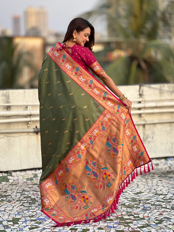 Rajhans Paithani Silk Saree with Gold Zari Meenakari Peacock & Swan Motifs - FREE, MEHENDI