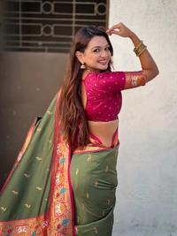 Rajhans Paithani Silk Saree with Gold Zari Meenakari Peacock & Swan Motifs - FREE, MEHENDI