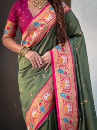 Rajhans Paithani Silk Saree with Gold Zari Meenakari Peacock & Swan Motifs - FREE, MEHENDI