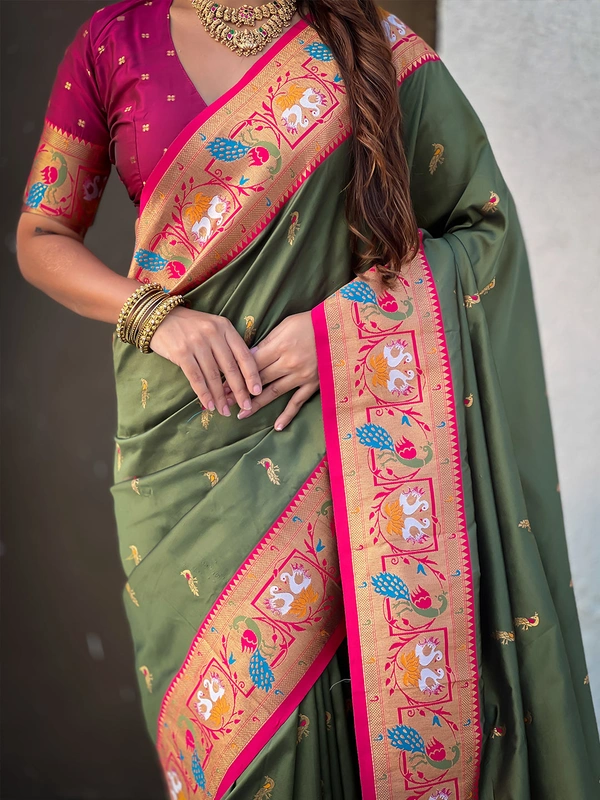 Rajhans Paithani Silk Saree with Gold Zari Meenakari Peacock & Swan Motifs - FREE, MEHENDI