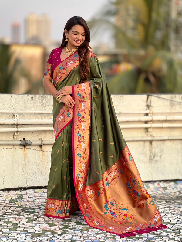 Rajhans Paithani Silk Saree with Gold Zari Meenakari Peacock & Swan Motifs - FREE, MEHENDI