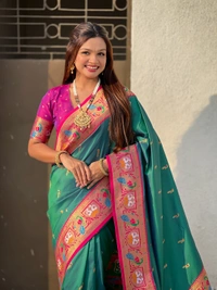 Rajhans Paithani Silk Saree with Gold Zari Meenakari Peacock & Swan Motifs - FREE, P.GREEN