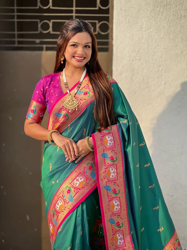 Rajhans Paithani Silk Saree with Gold Zari Meenakari Peacock & Swan Motifs - FREE, P.GREEN