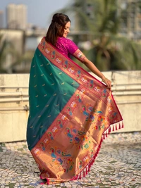 Rajhans Paithani Silk Saree with Gold Zari Meenakari Peacock & Swan Motifs - FREE, P.GREEN